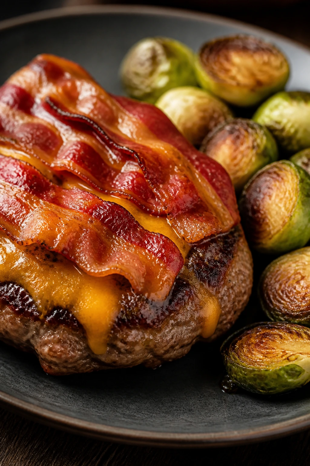 Close-up of bunless bacon cheeseburger with roasted Brussels sprouts