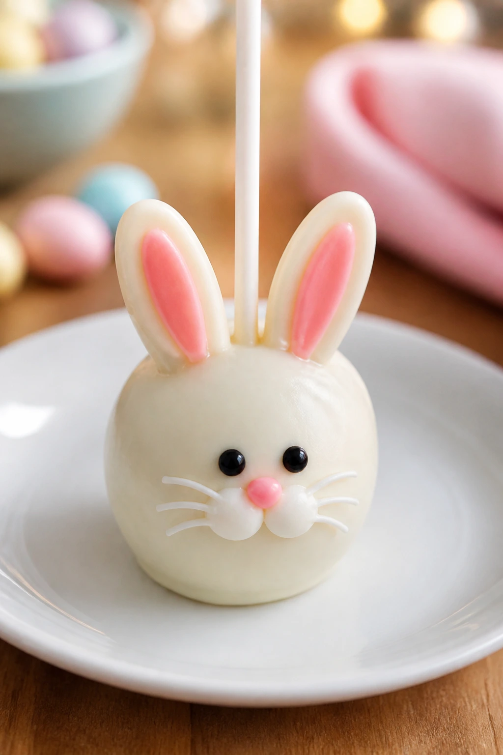 Bunny cake pop with pink ears on a plate in a bright kitchen