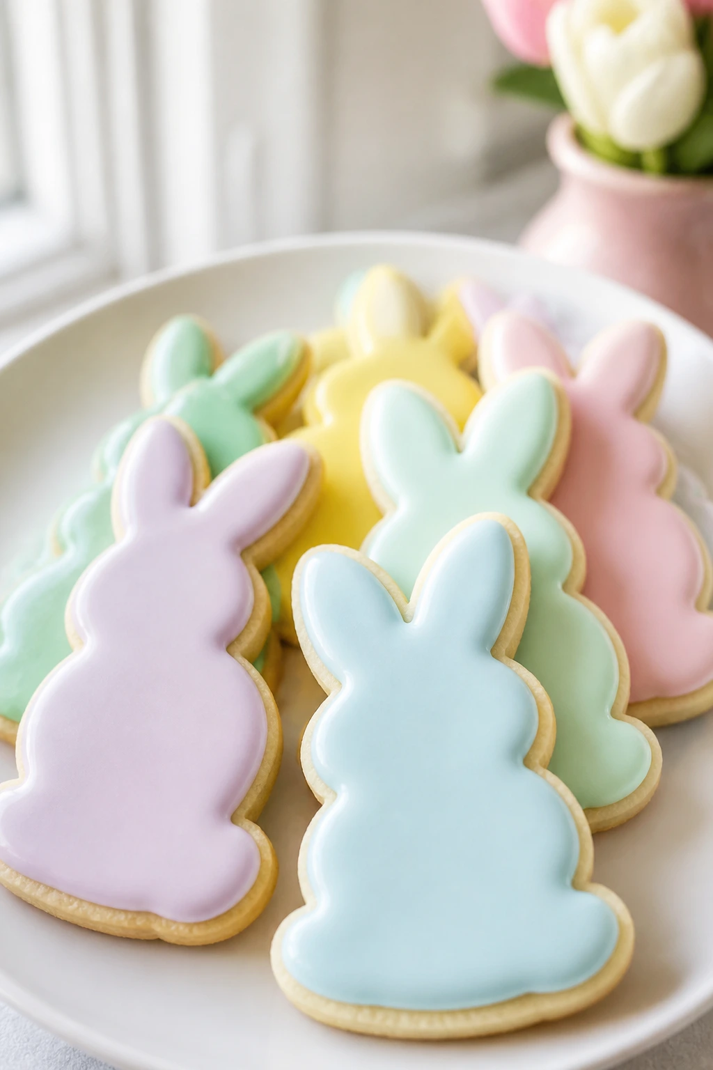 Close-up of pastel iced bunny cutout cookies on plate