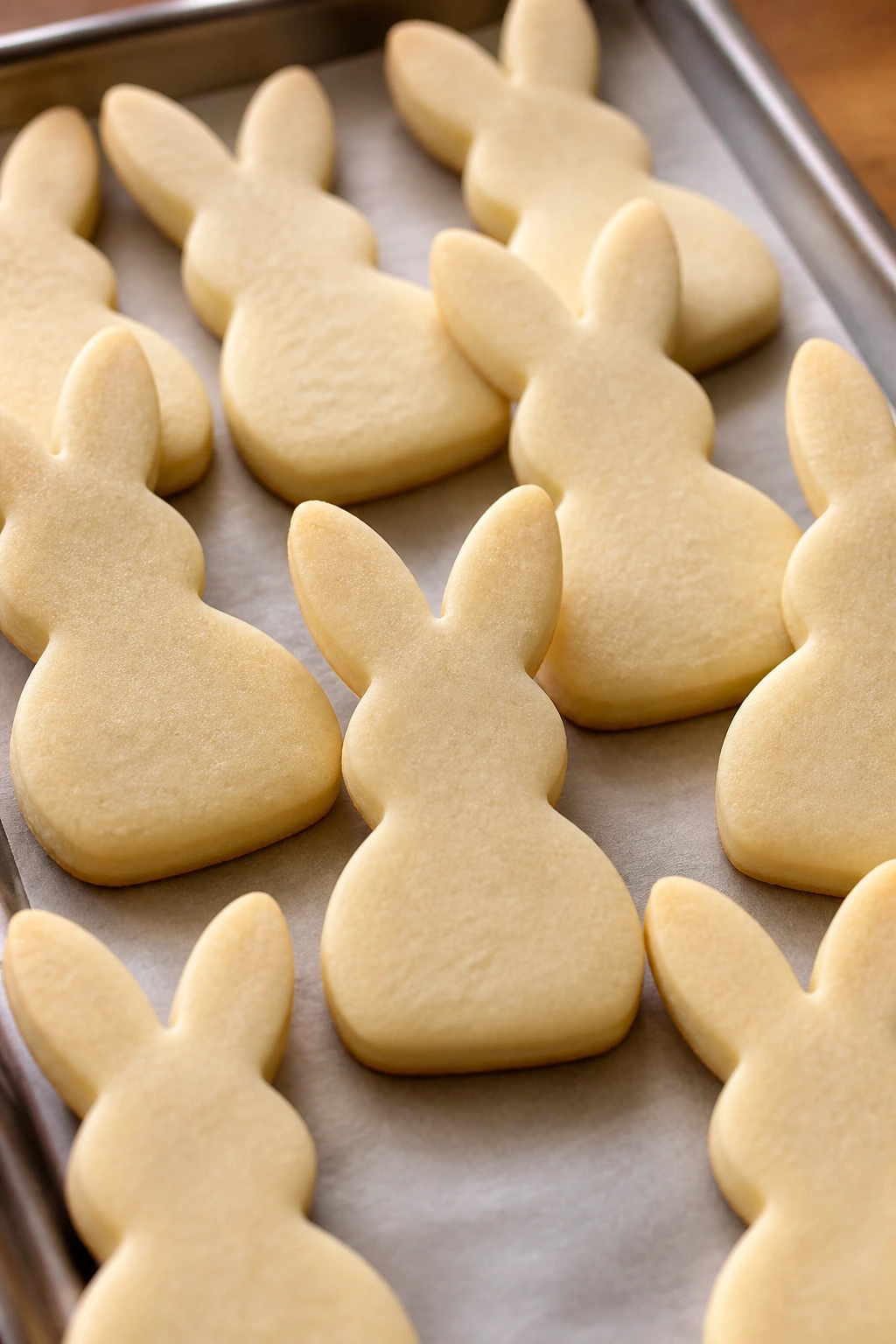 Close-up of bunny-shaped vanilla sugar cookies with pale golden edges on parchment.