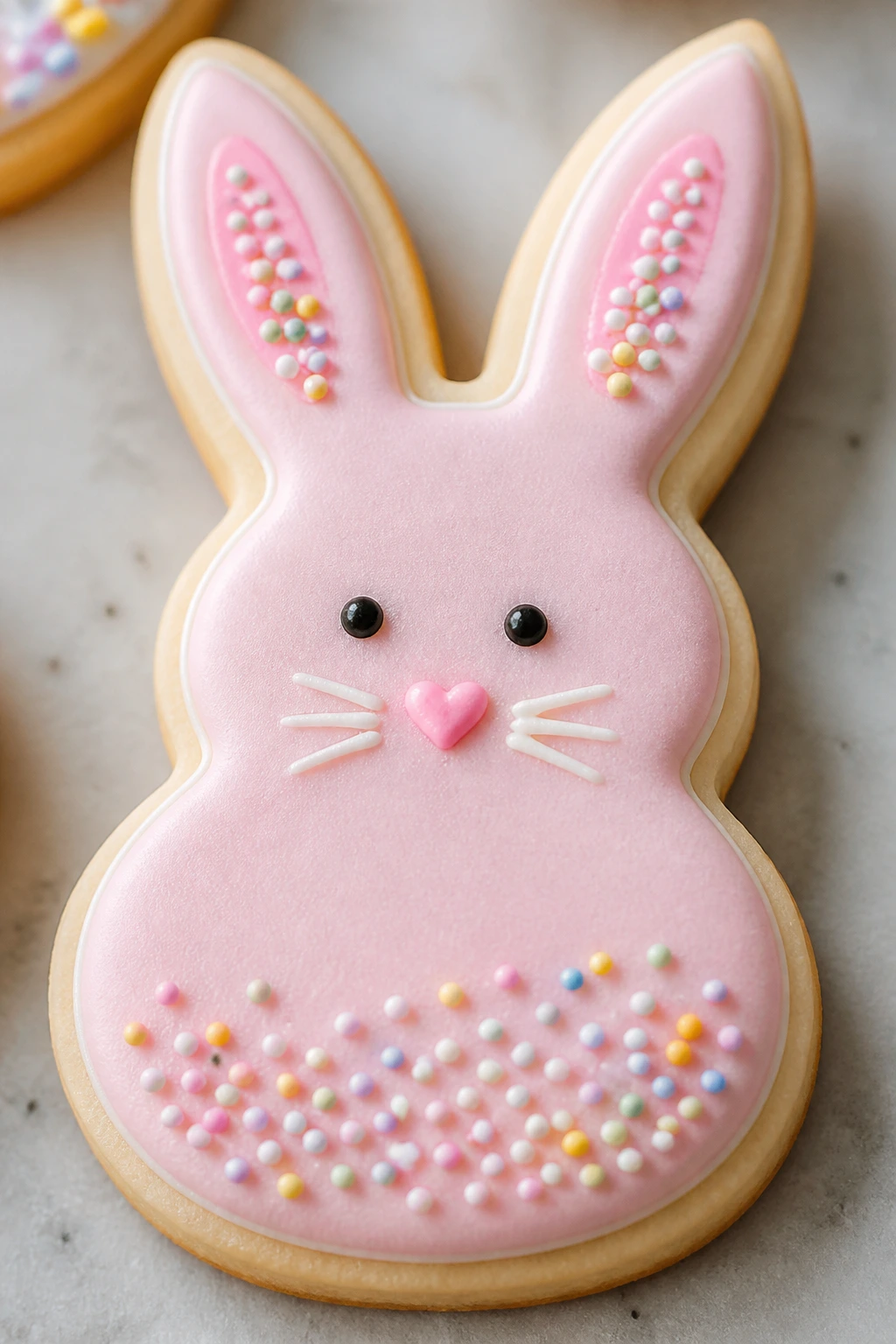 Close-up of a single bunny-shaped sugar cookie with icing