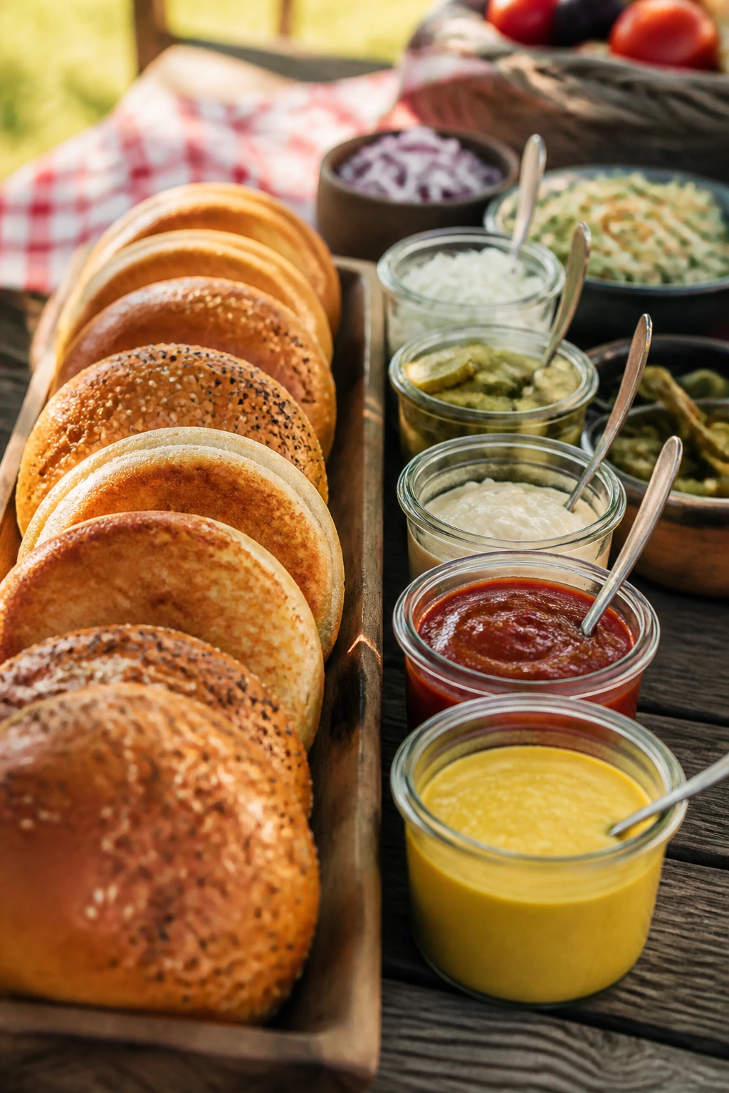 Row of toasted buns and condiment jars on a wooden picnic table outdoors