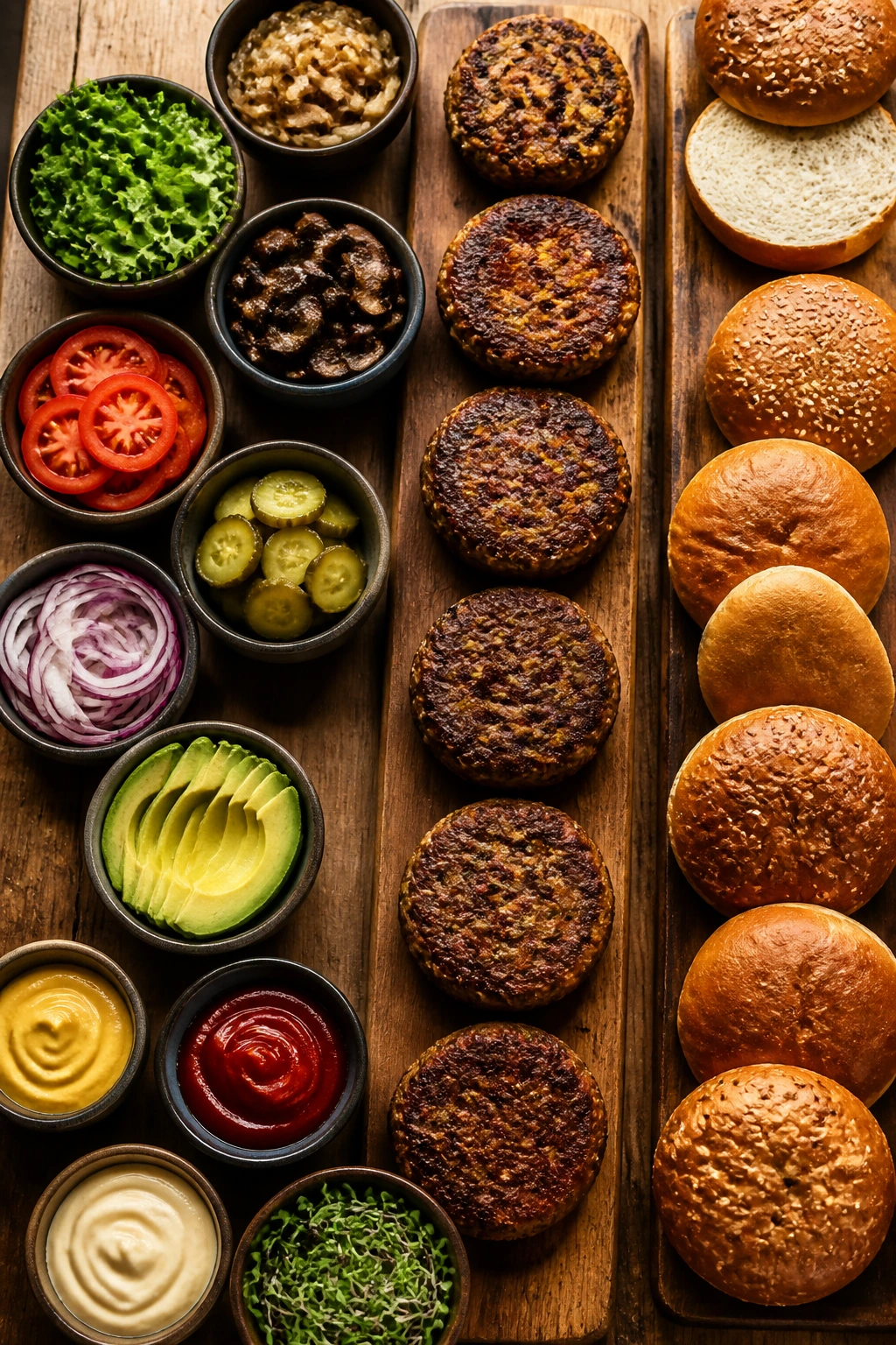 Burger bar spread showing patties and buns