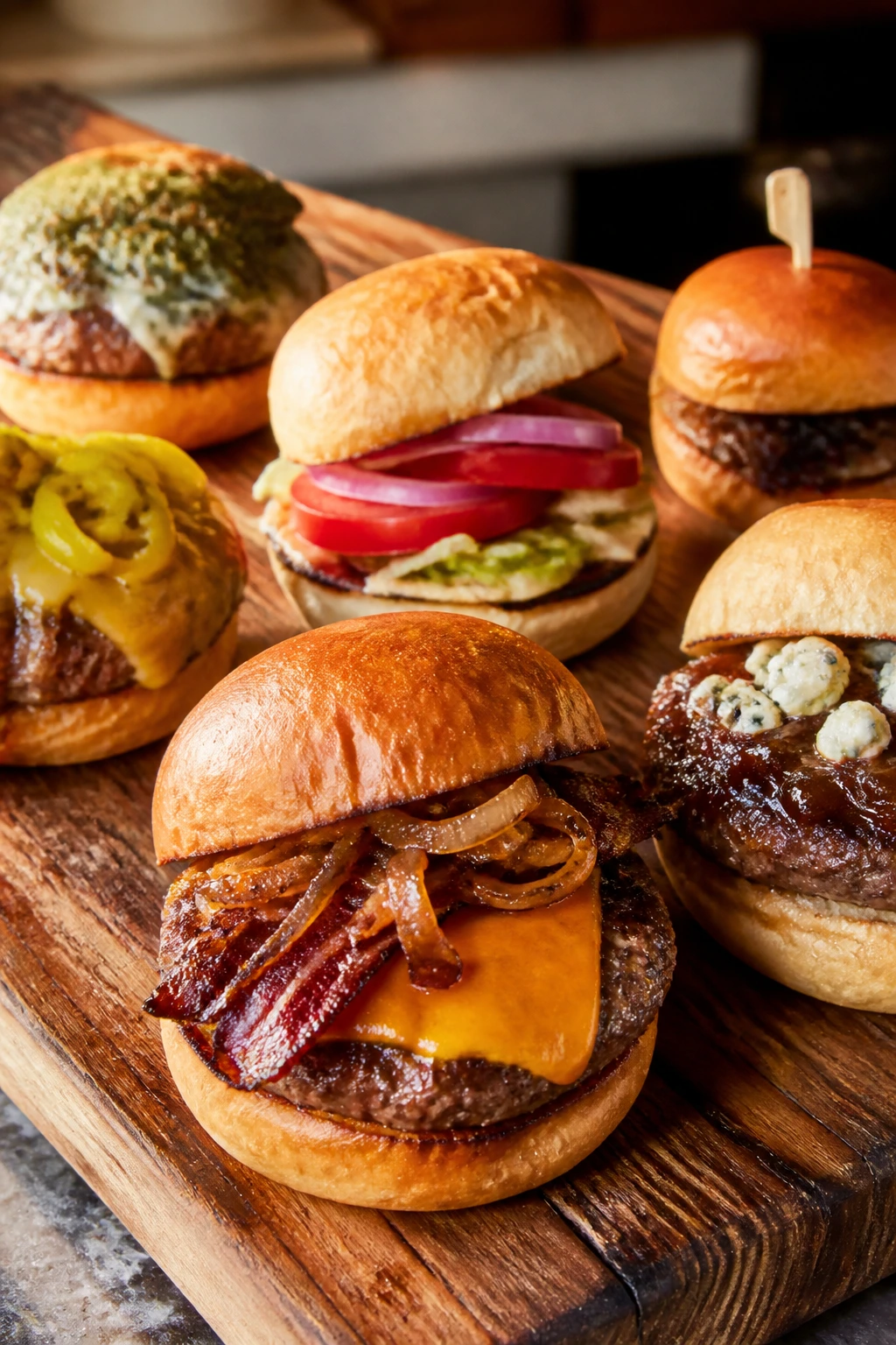 Close-up of a wooden board with multiple burgers and sliders for a burger night