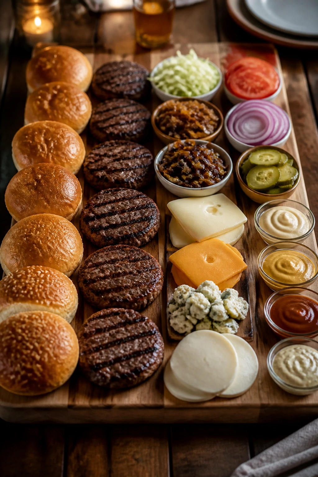 Burger board with patties, buns and toppings for four flavor paths