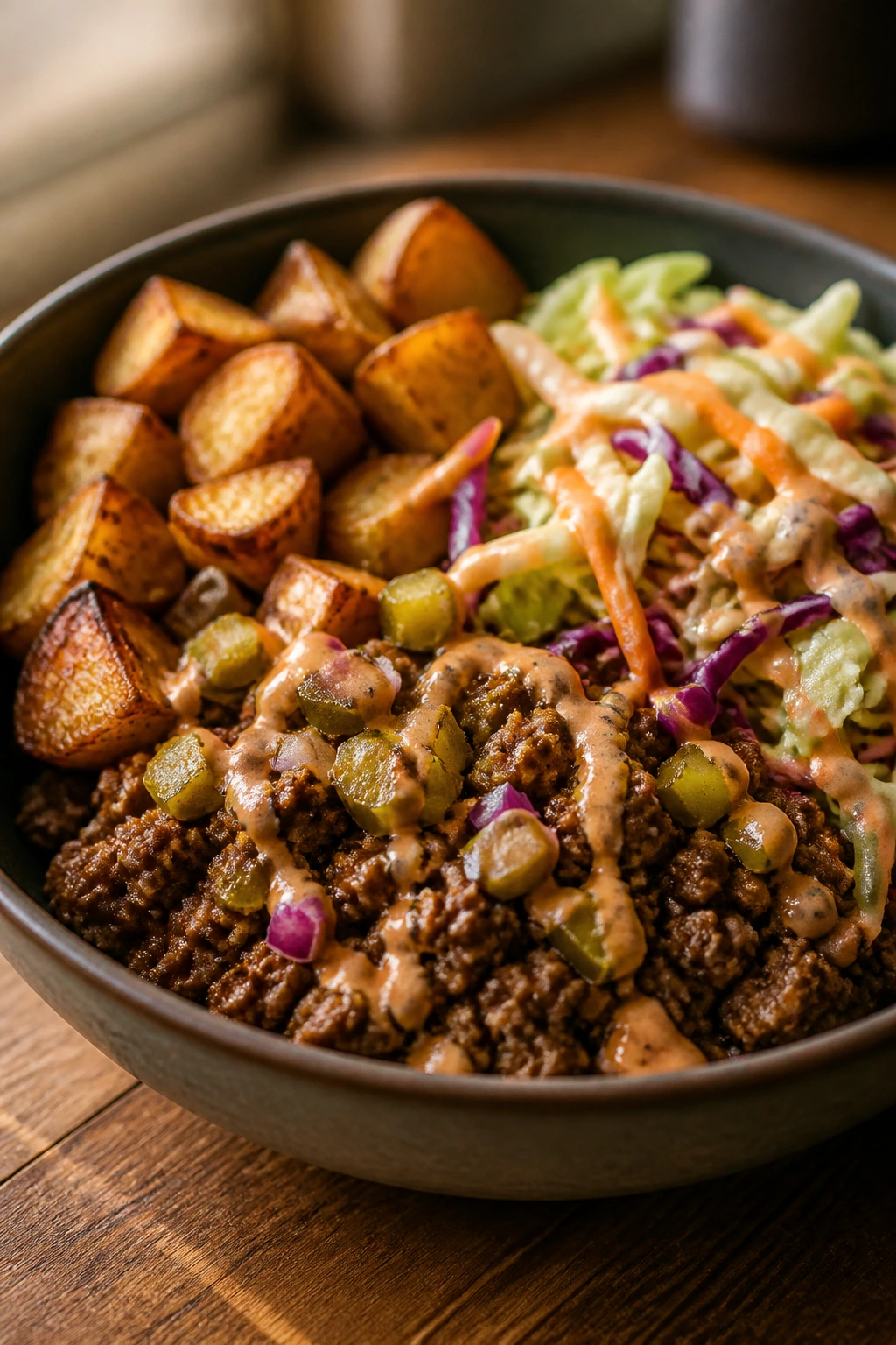 Close-up of a burger bowl with potatoes and crunchy slaw in a bowl.