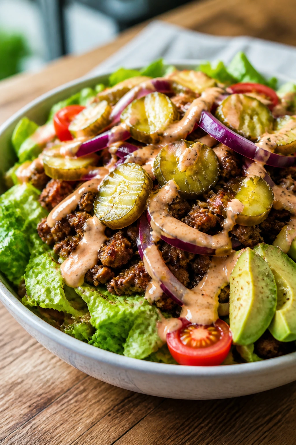 Burger bowl with sauce and pickles in a bowl
