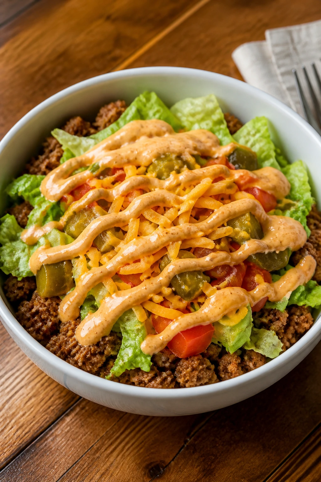 Close-up of a burger bowl with toppings and sauce in a bowl