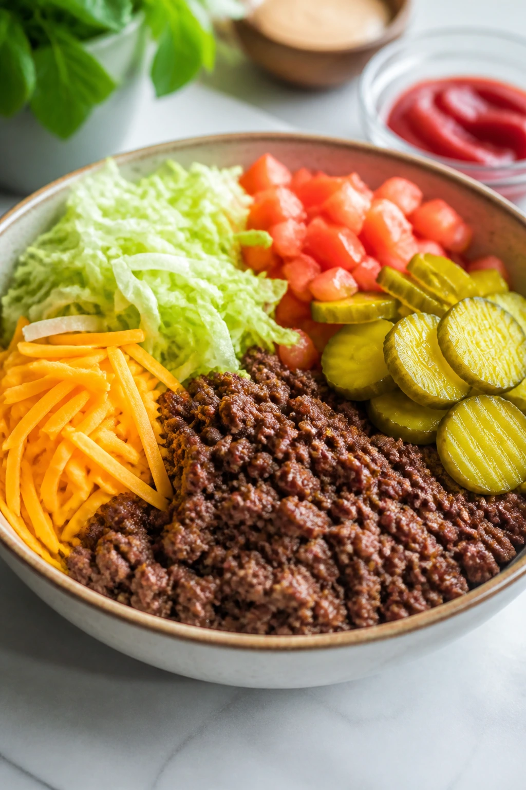 Burger bowl loaded with beef, lettuce, tomatoes, pickles, and cheese