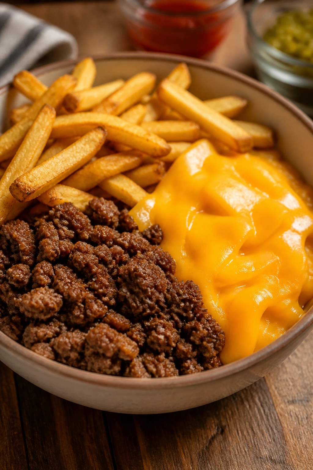 Burger bowls with fries in a bowl with separated components