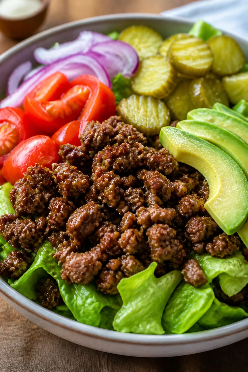 Ground beef burger bowls arranged with tomatoes, pickles, and avocado.