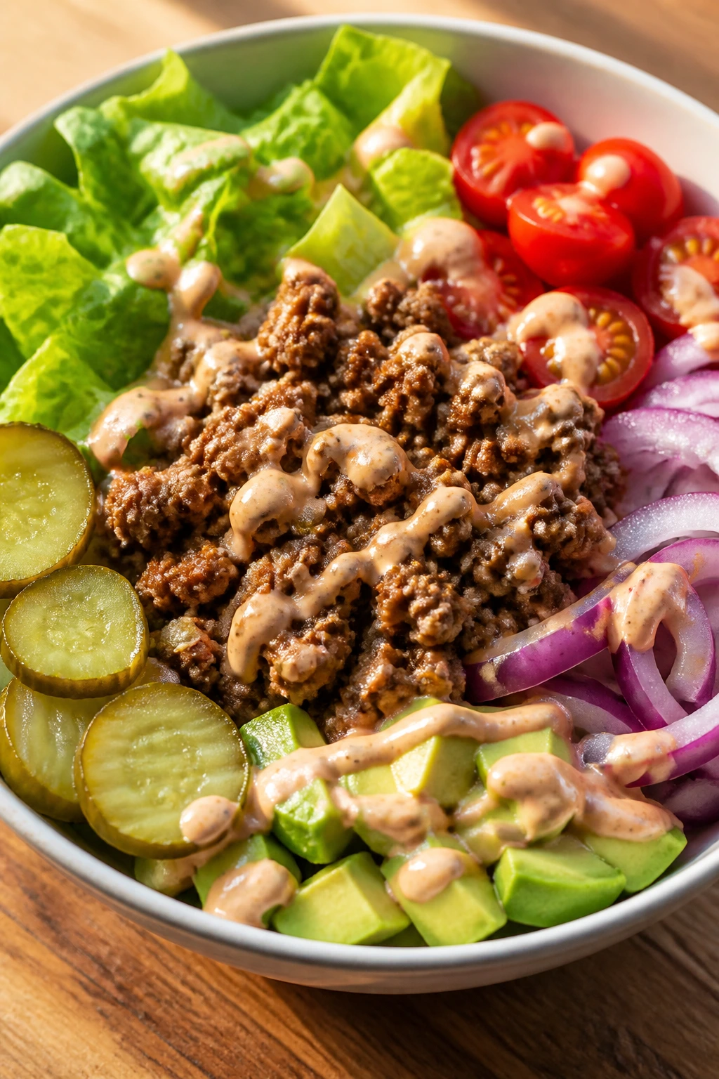 Burger bowls with beef, lettuce, pickles, tomatoes and avocado in a bowl