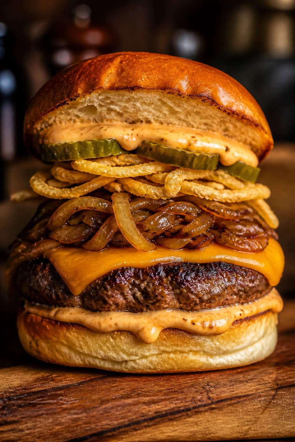 Cross-section of a tall, well-constructed burger with multiple layers