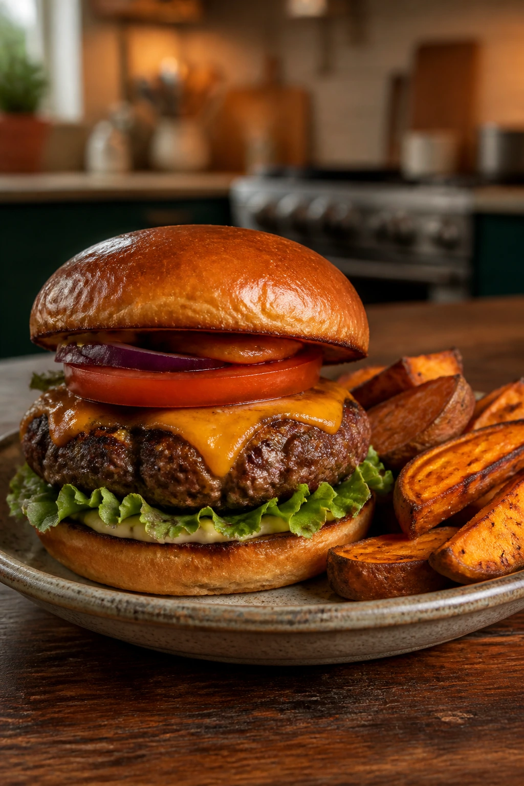 Close-up of a juicy stacked beef burger on a warmed plate with sweet potato wedges