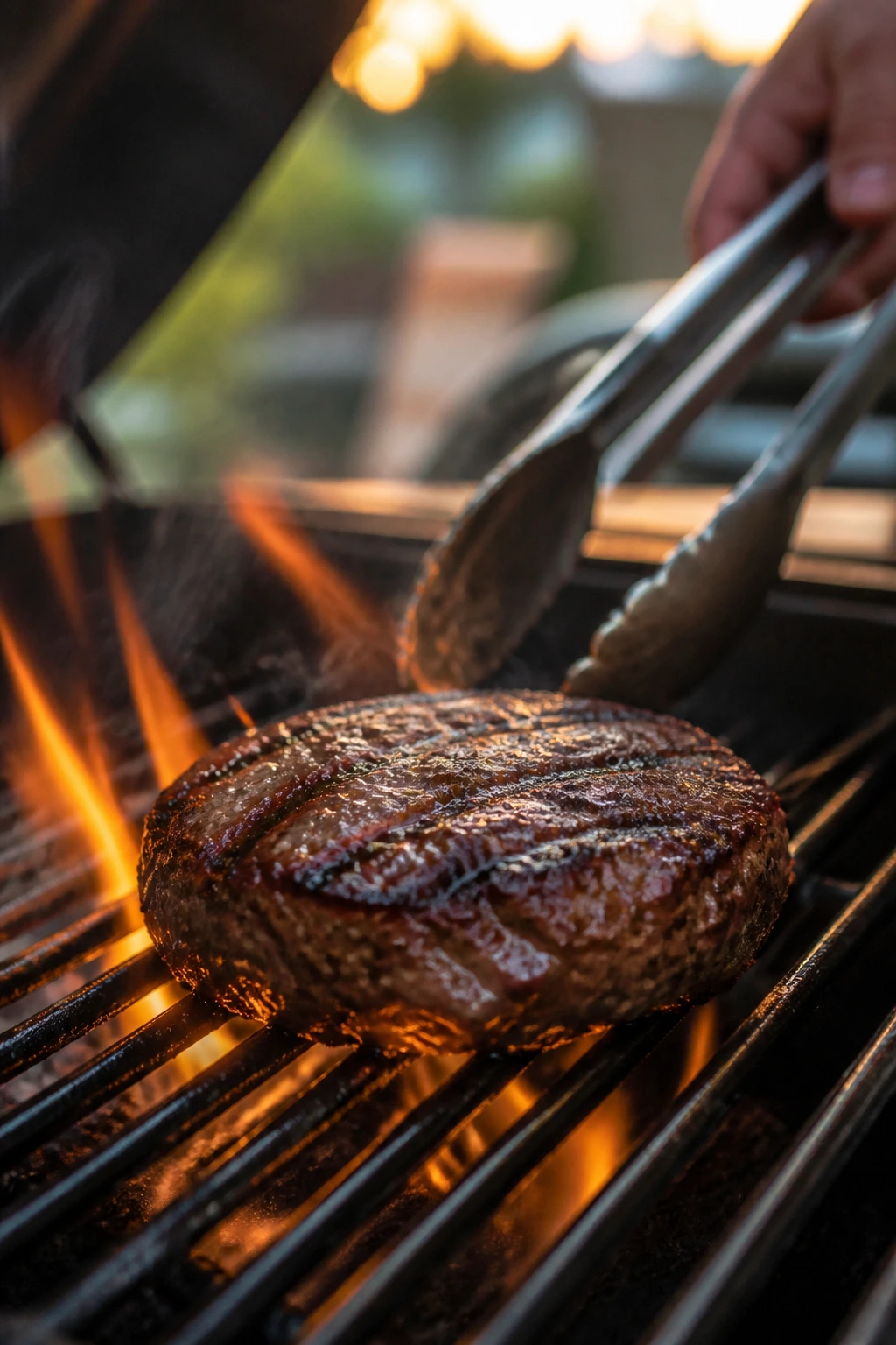 Close-up of a burger patty searing on a hot grill in a backyard at sunset