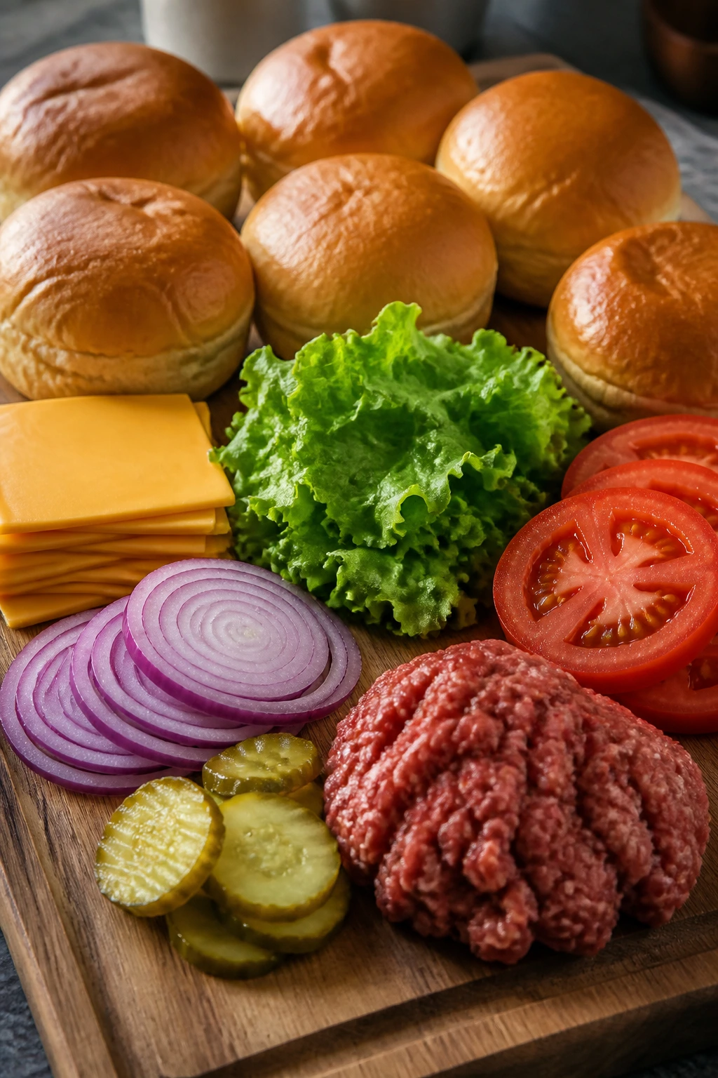 Core burger ingredients arranged on a wooden board