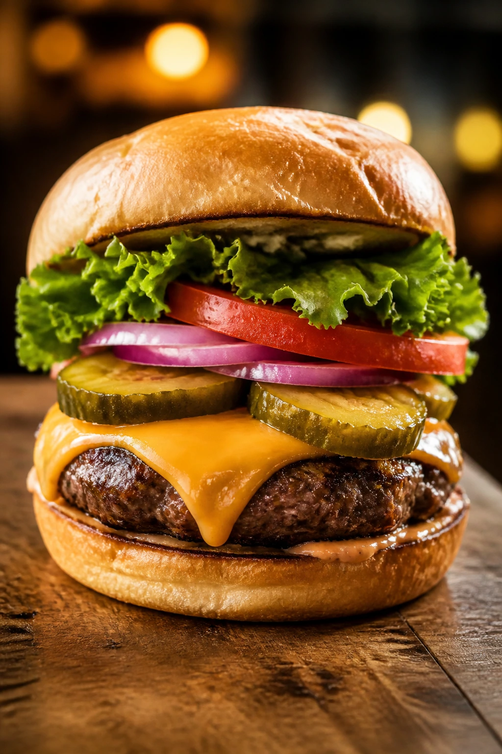 Hero burger showing beef patty, cheese, lettuce, tomato, onion, and pickles