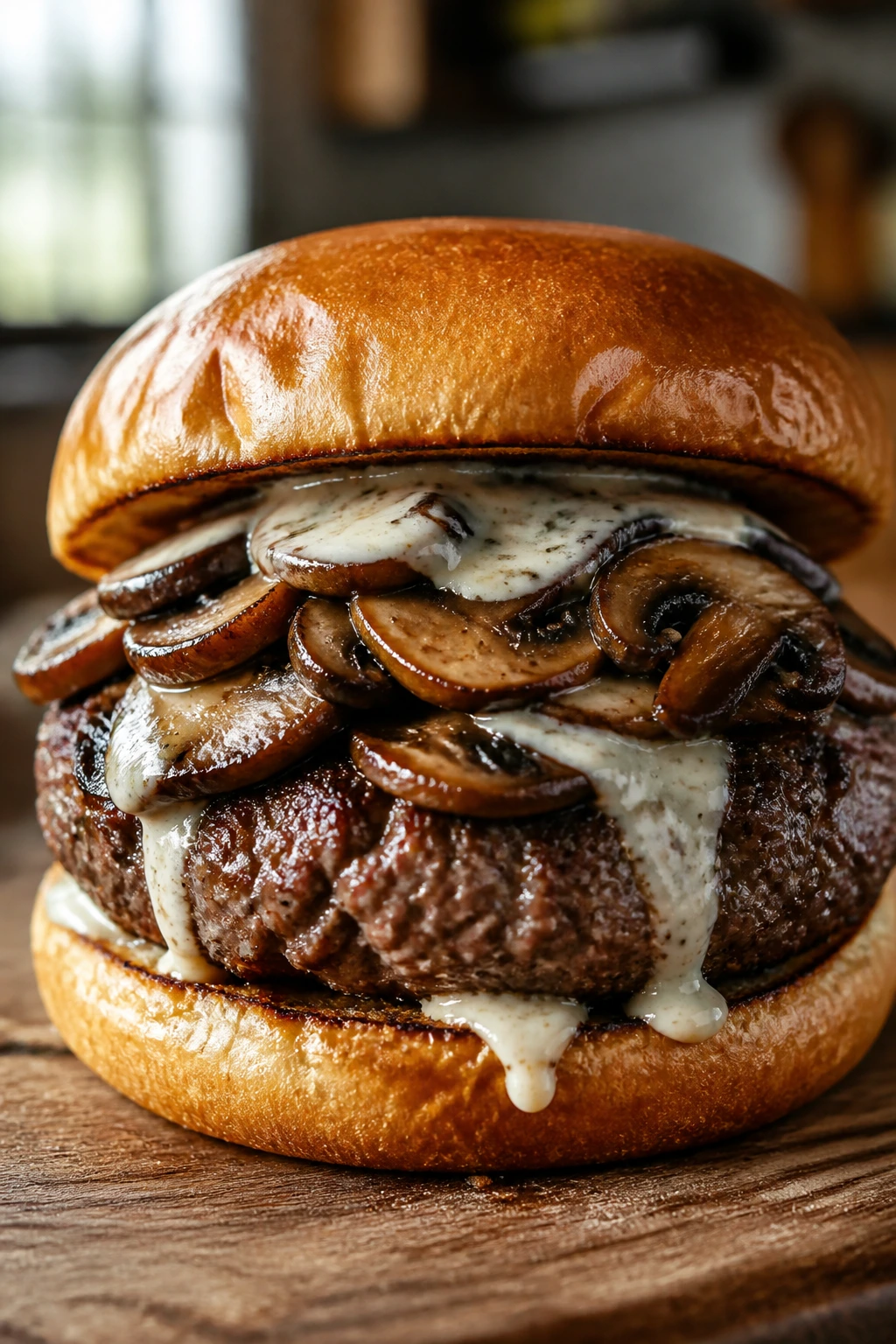 Close-up of a lean beef burger with mushrooms on a wooden board