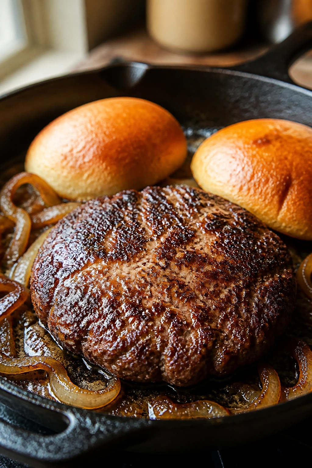 Sizzling burger patty in cast-iron skillet with onions