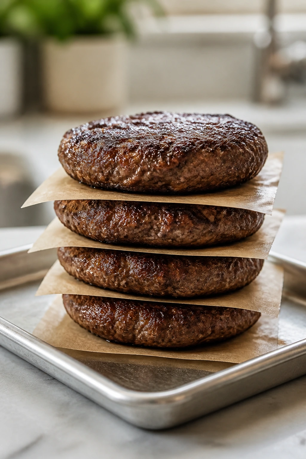 Stacked cooked burger patties with parchment ready for storage