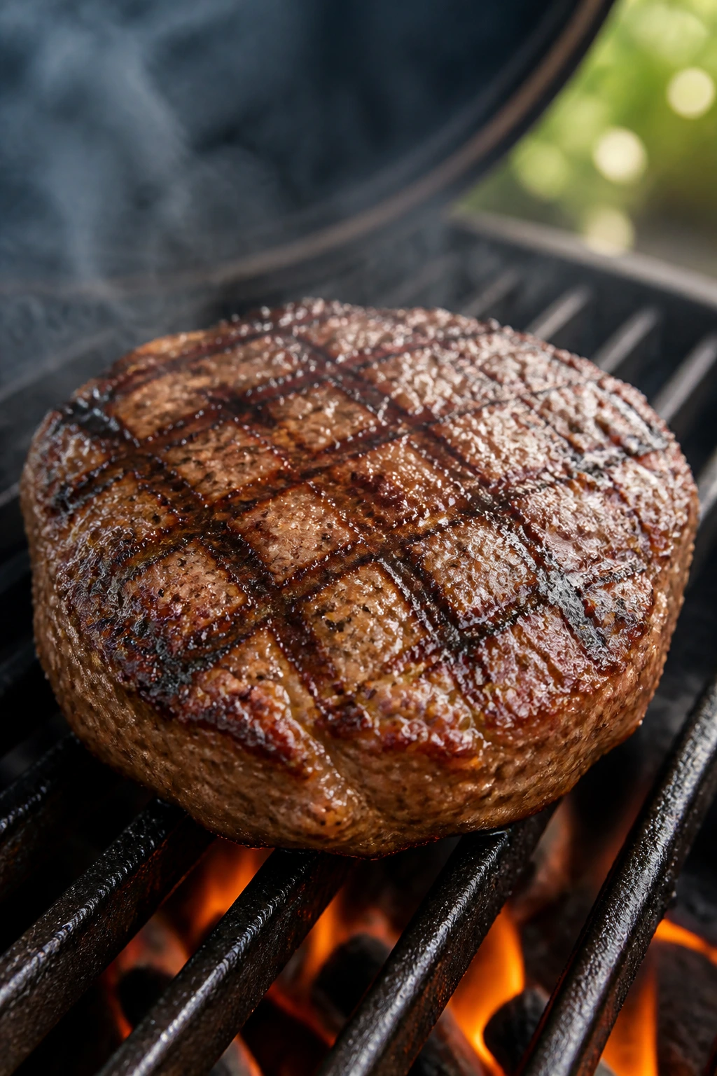 Close-up of a beef burger patty with grill marks on a grill outdoors.