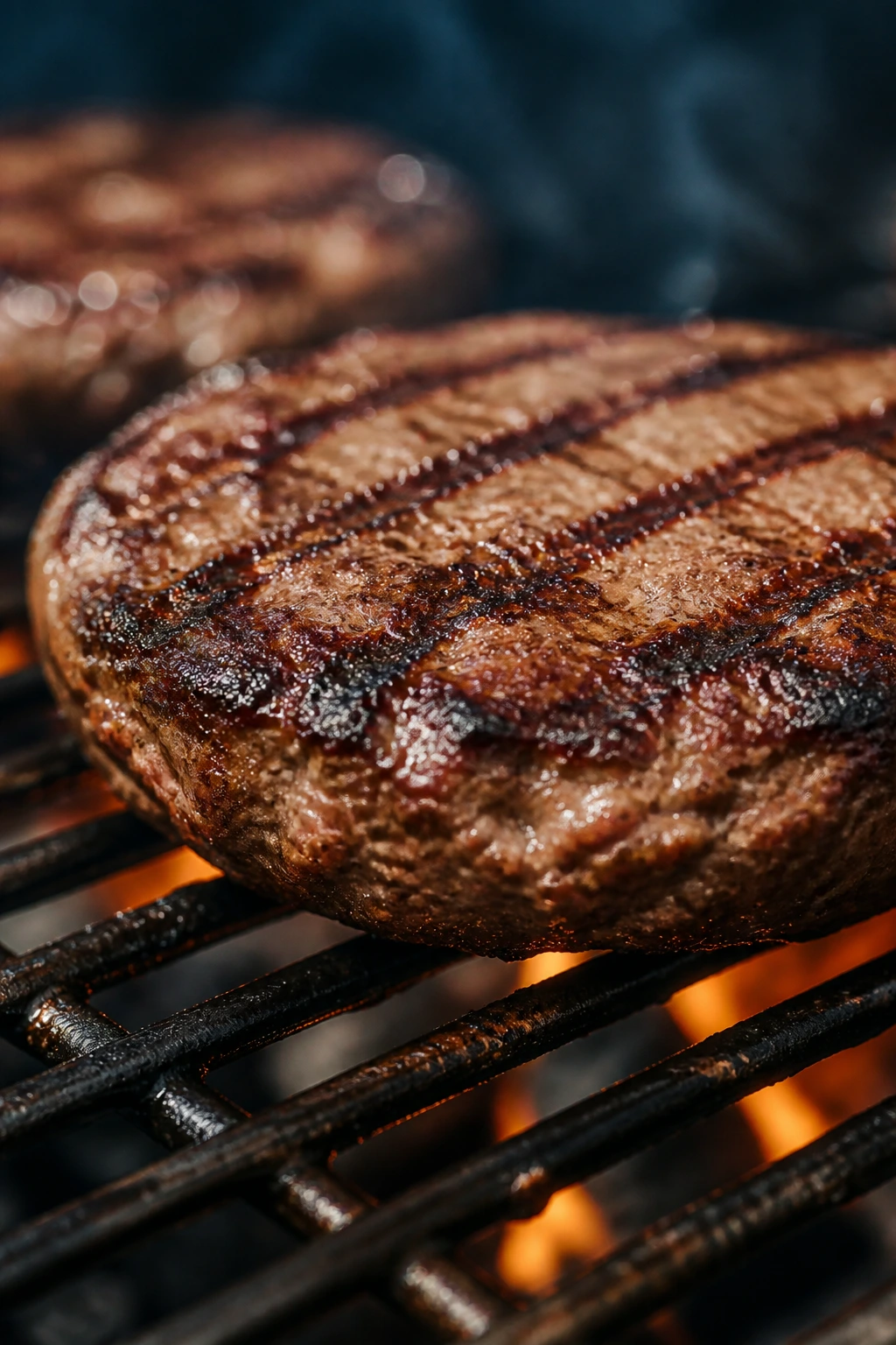 Thick beef burger patty searing on a hot grill grate