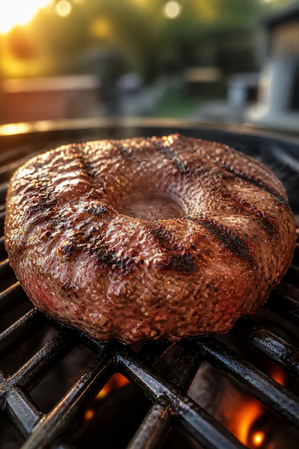 Thick beef burger patty with thumbprint on a grill