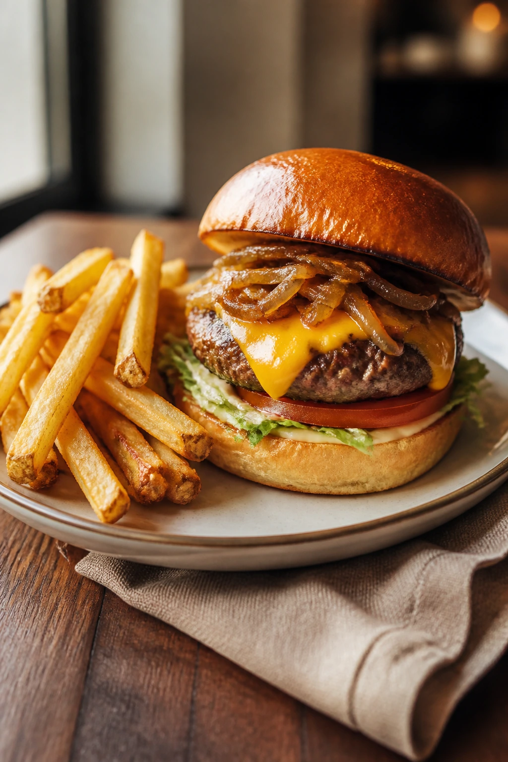 Plate with a burger and fries arranged off-center for a complete dinner look