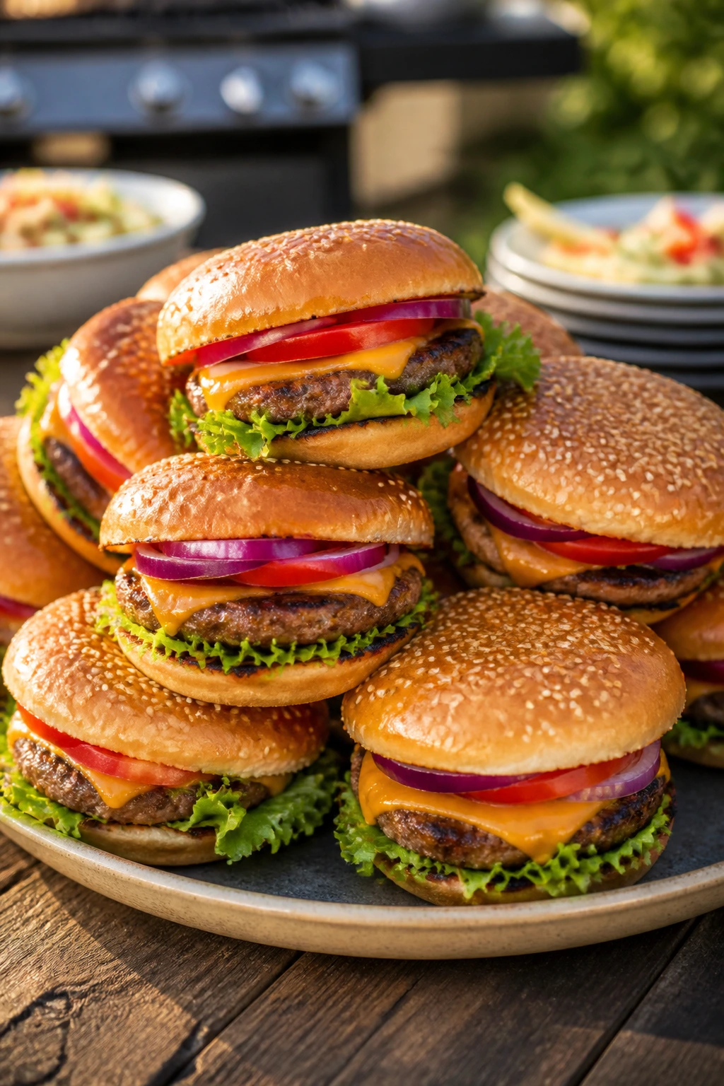 Burger platter arranged for serving on a rustic table