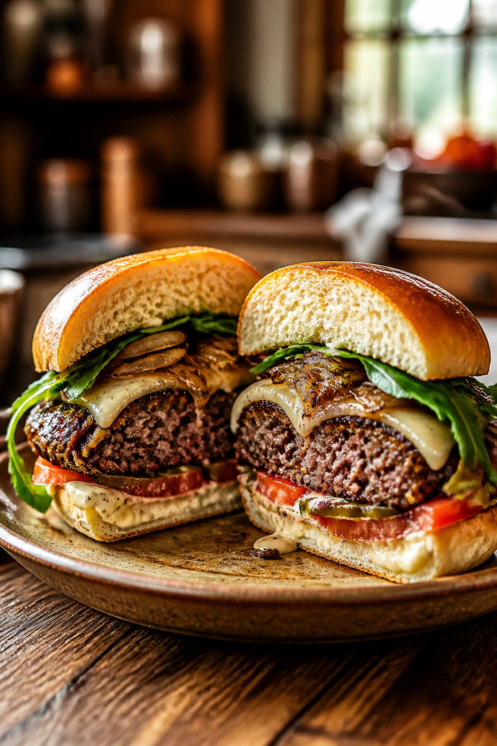 Close-up of a half-cut burger on a warm plate showing browned edge and toppings