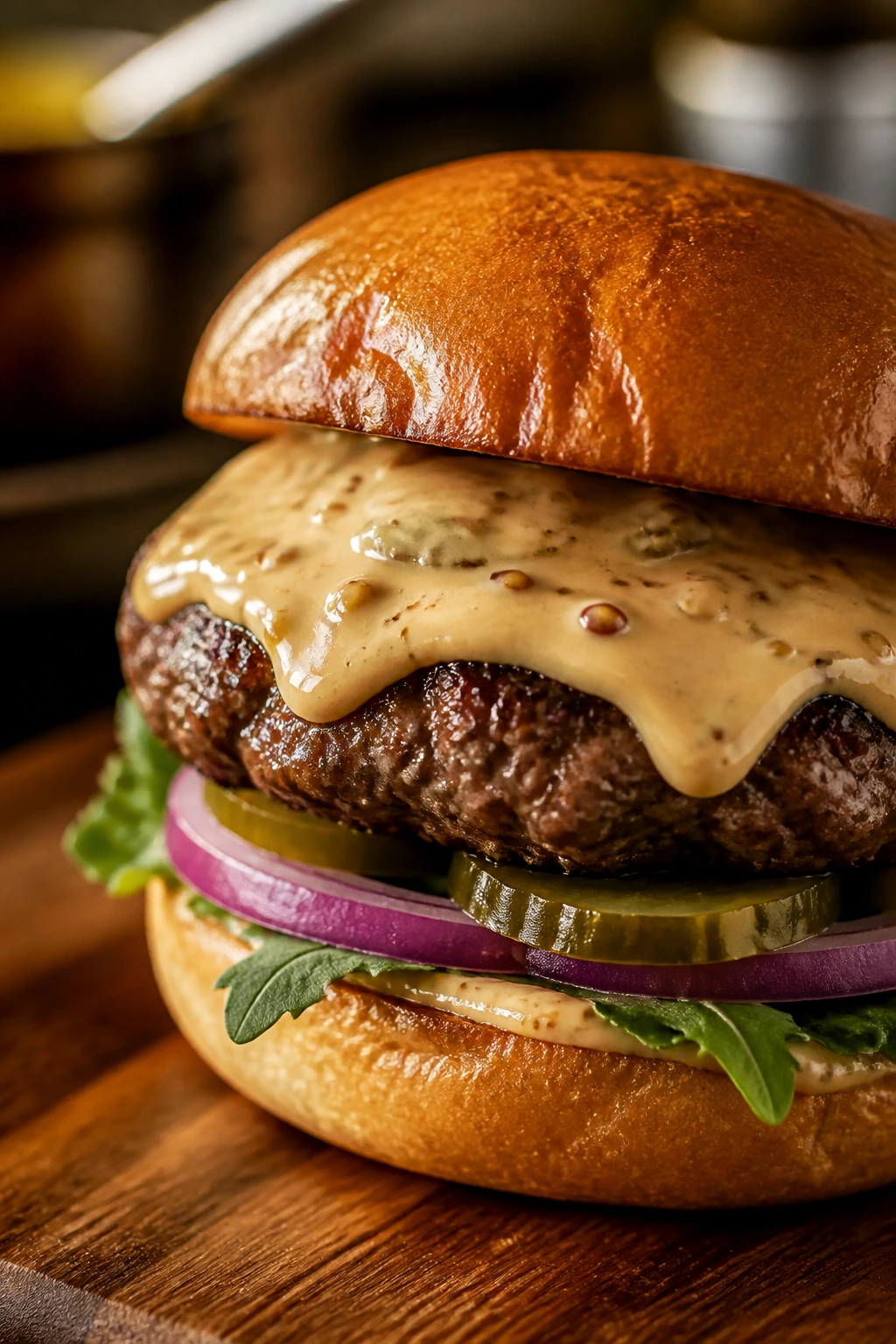 Burger topped with a glossy creamy sauce and sharp Dijon note
