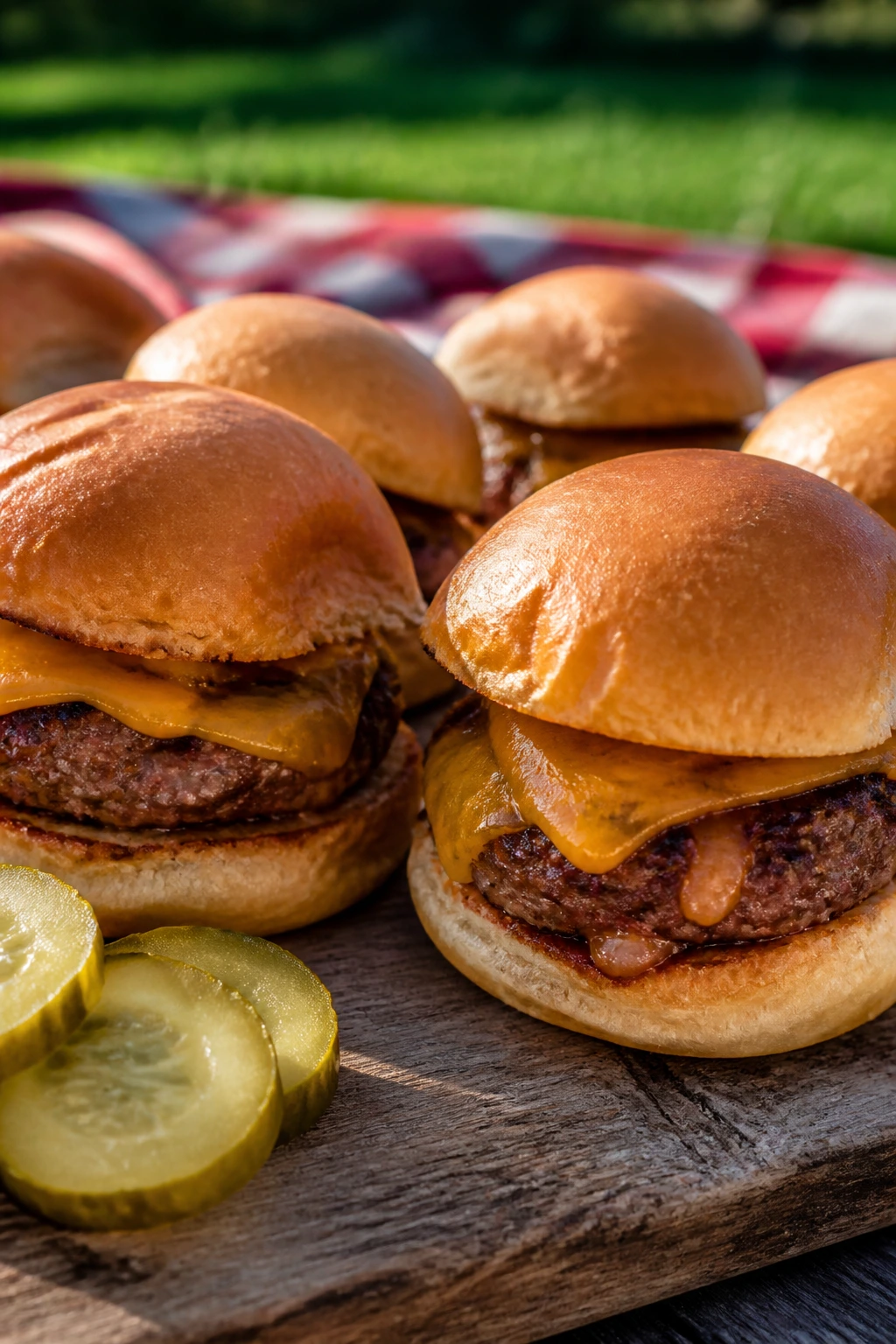 Close-up of BBQ burger sliders outdoors