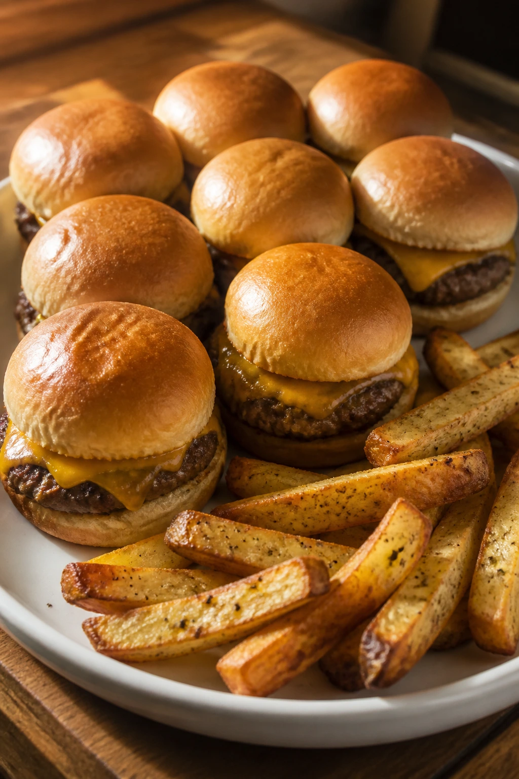 Plate of burger sliders with oven fries