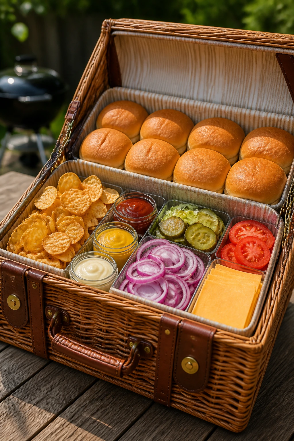 Close-up of a burger basket with buns and toppings in a backyard setting