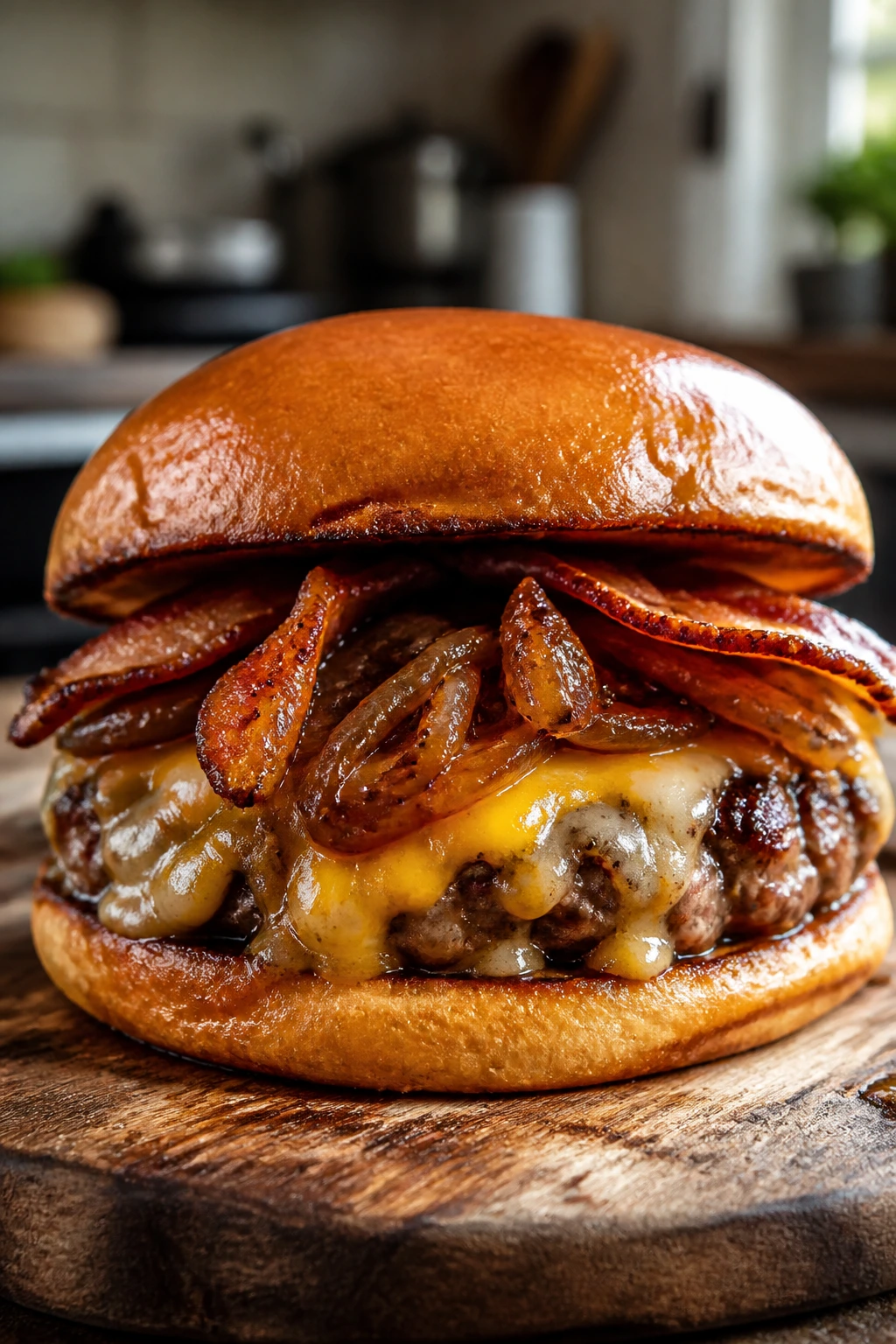 Close-up of a juicy burger topped with melty cheese, caramelized onions, and crispy bacon on a toasted bun