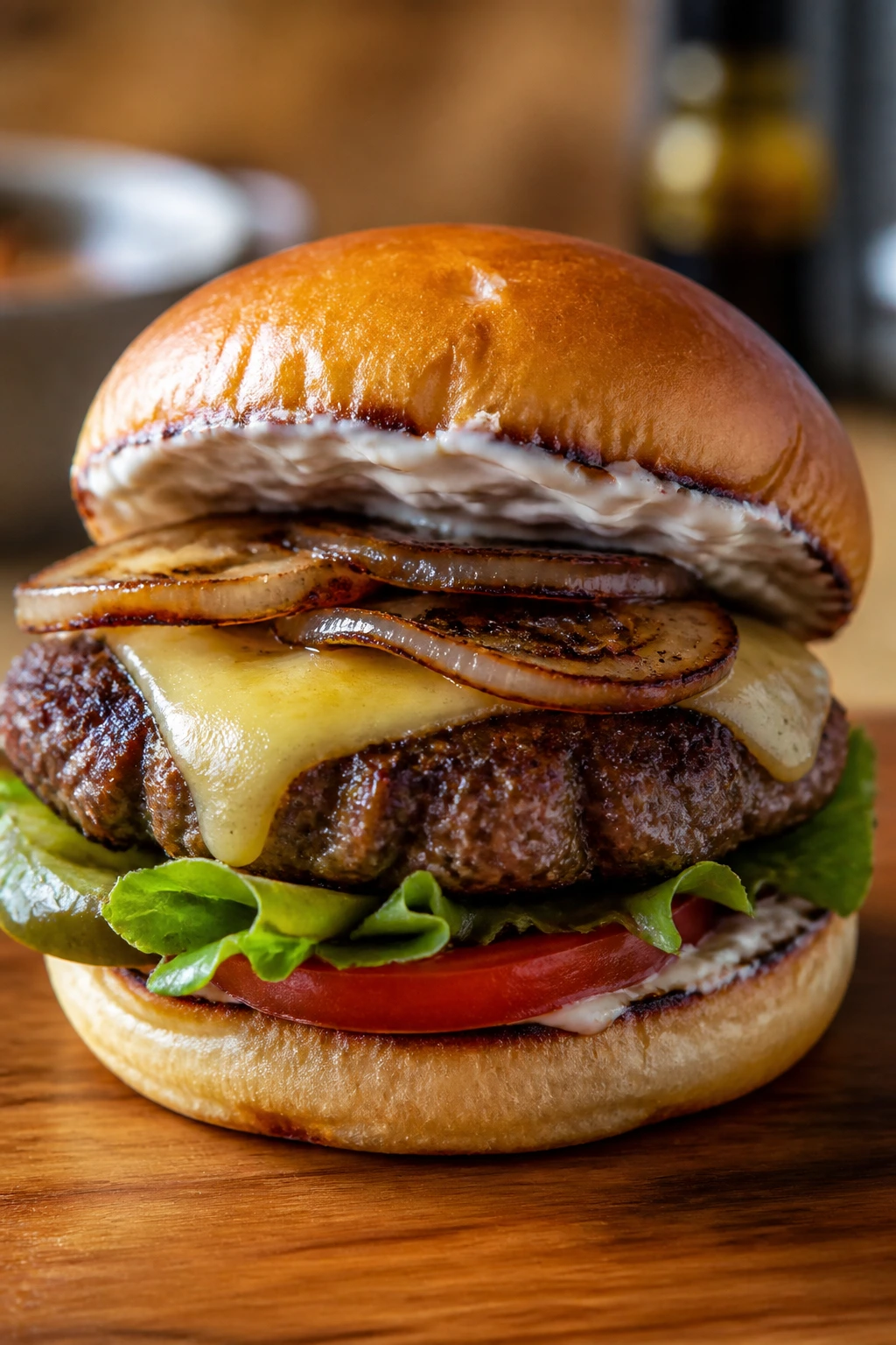 Hamburger close-up with mayo-brushed bun and caramelized onion accent
