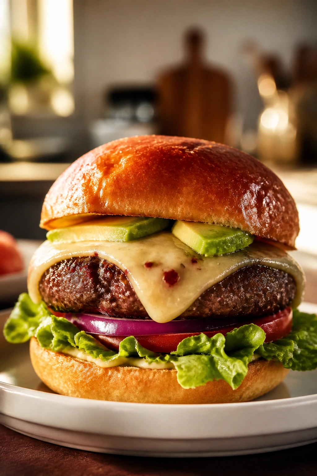 Burger with olive oil brushed bun, pepper jack cheese, and avocado on a plate