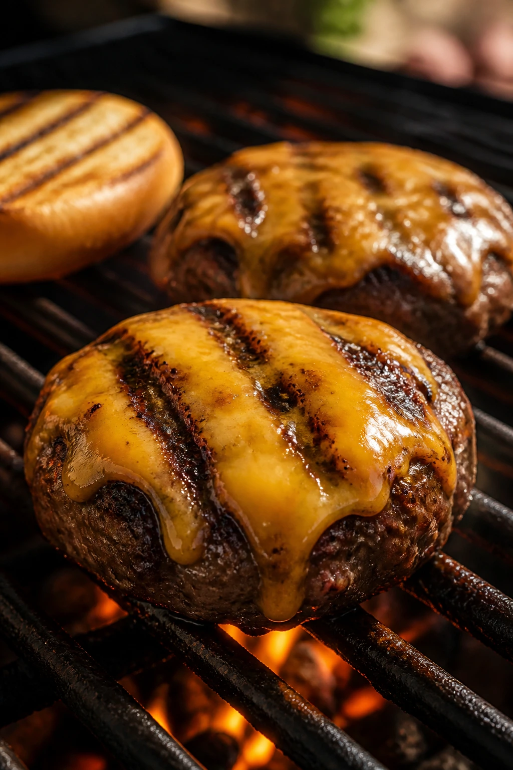 Smoky cheddar burgers grilling with melted cheese