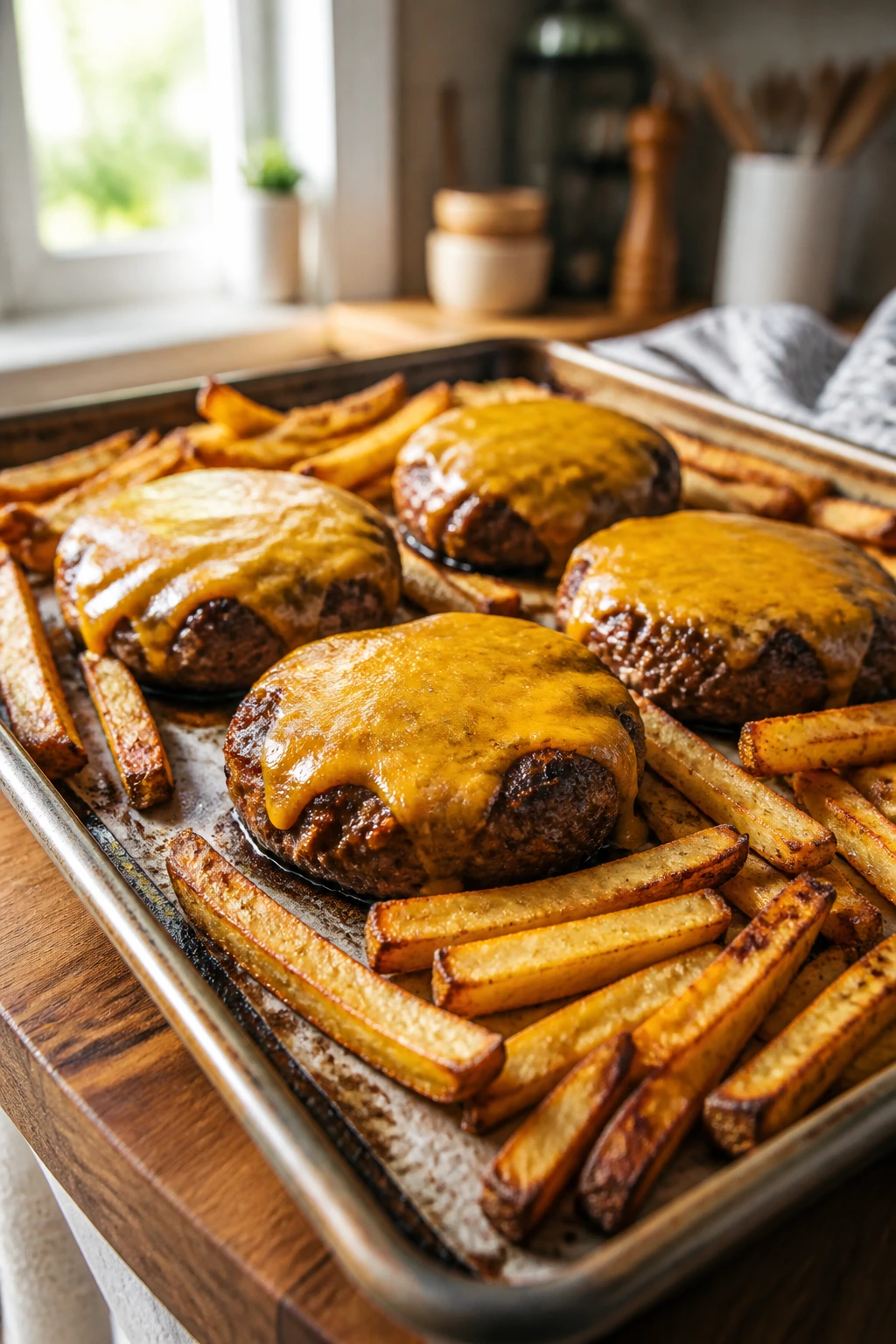 Close-up of oven-baked burgers and fries on a sheet pan in a warm kitchen