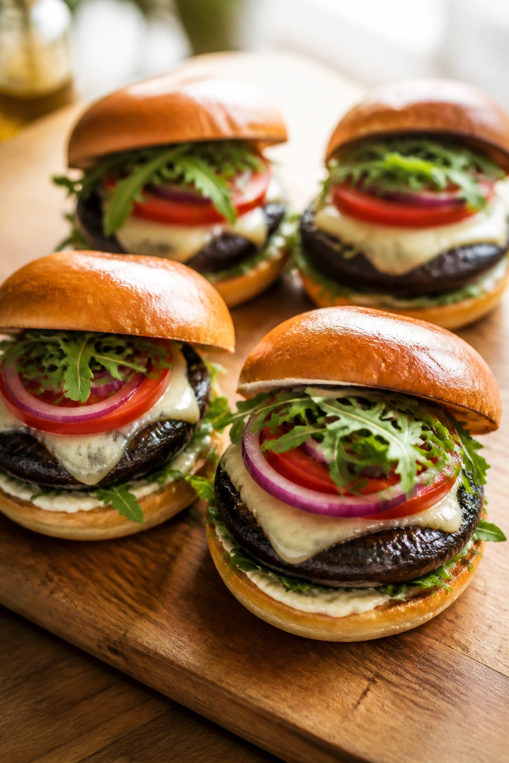 Four assembled portobello burgers showing toppings on a wooden board