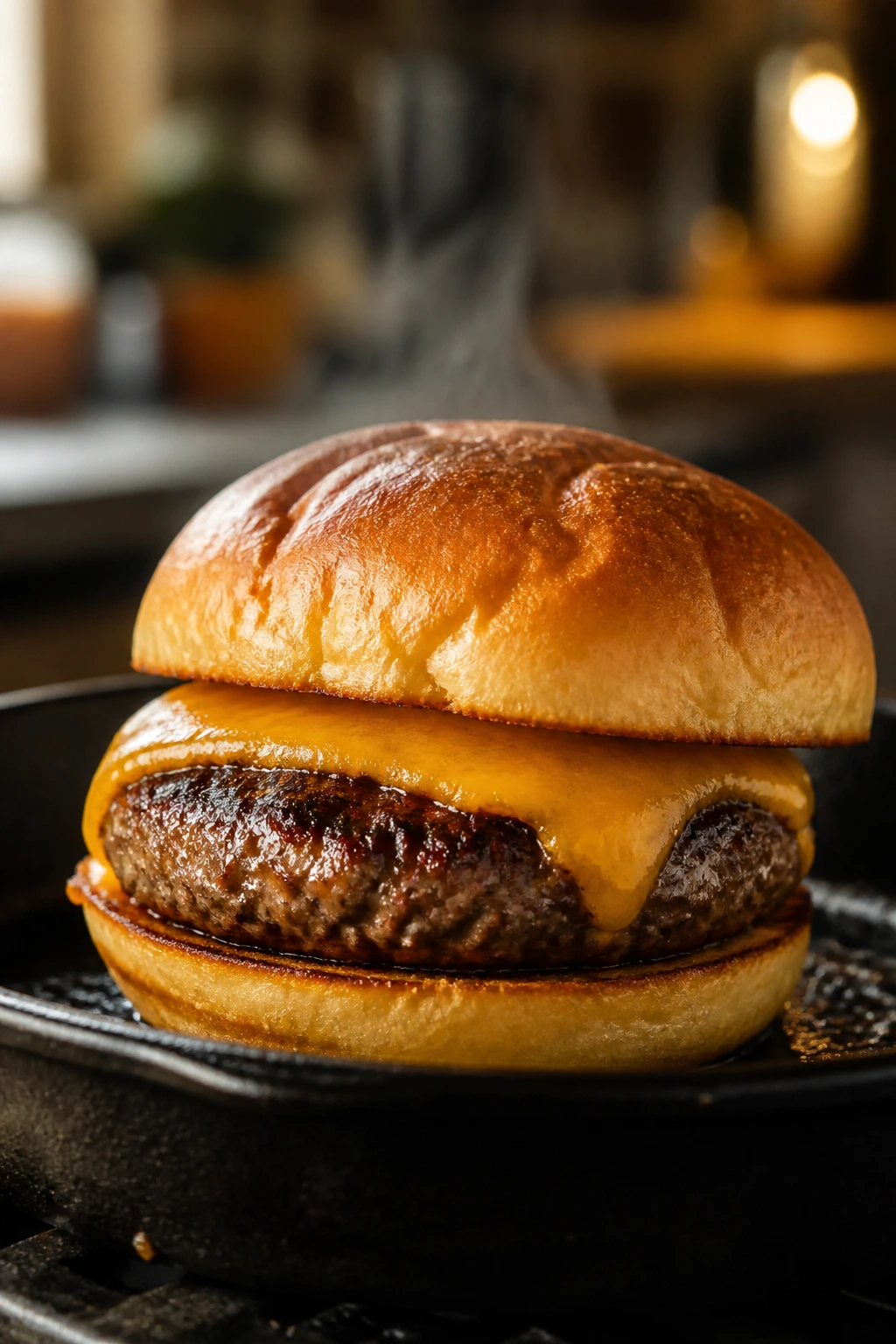 Close-up of a seared beef patty with melted cheddar on a toasted bun in a rustic kitchen.