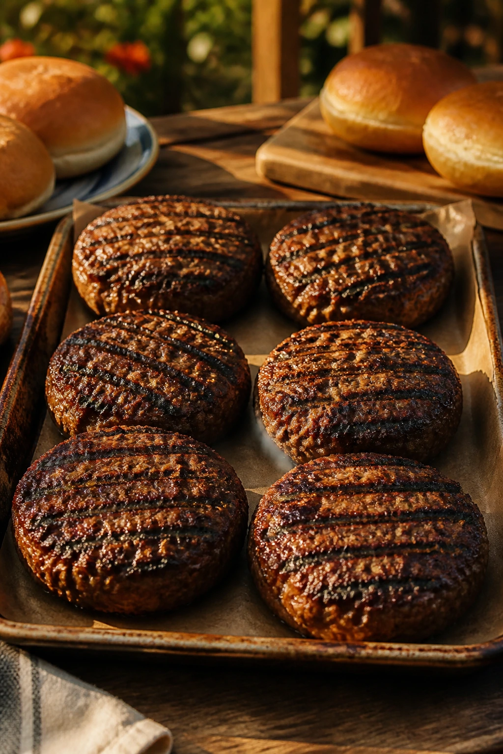 Six burgers resting on a tray in a backyard cookout setting