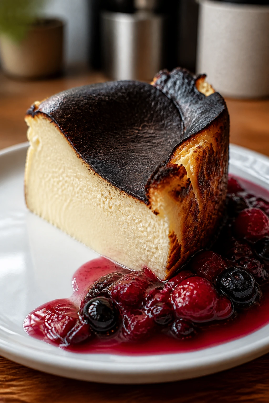 Slice of burnt Basque cheesecake with berry compote on plate