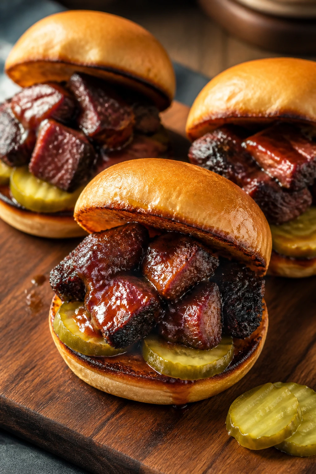 Burnt-end slider close-up with pickles on a bun
