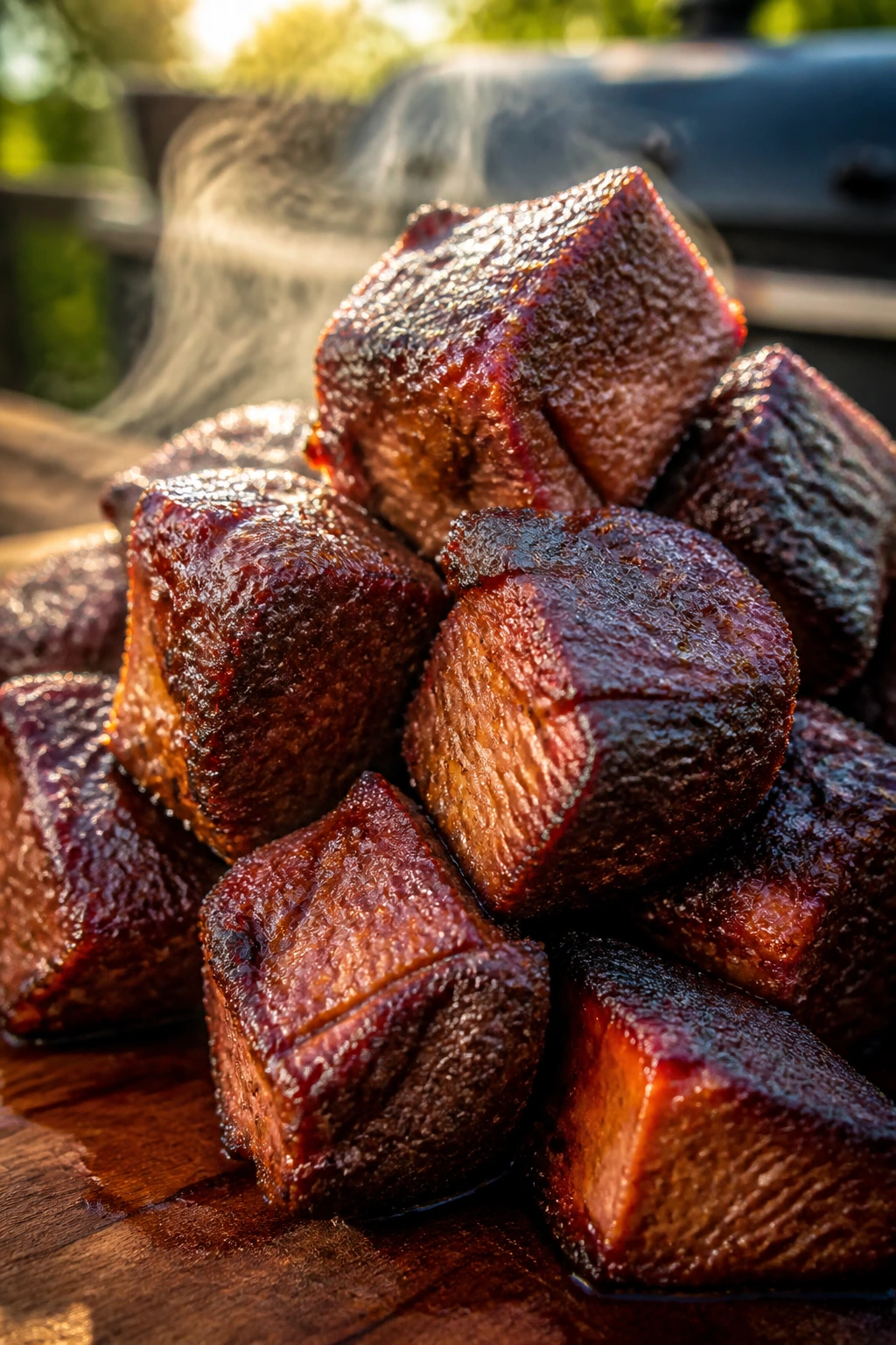 Close-up of chuck roast burnt ends with bark and glaze on a wooden board, in a smoky backyard.