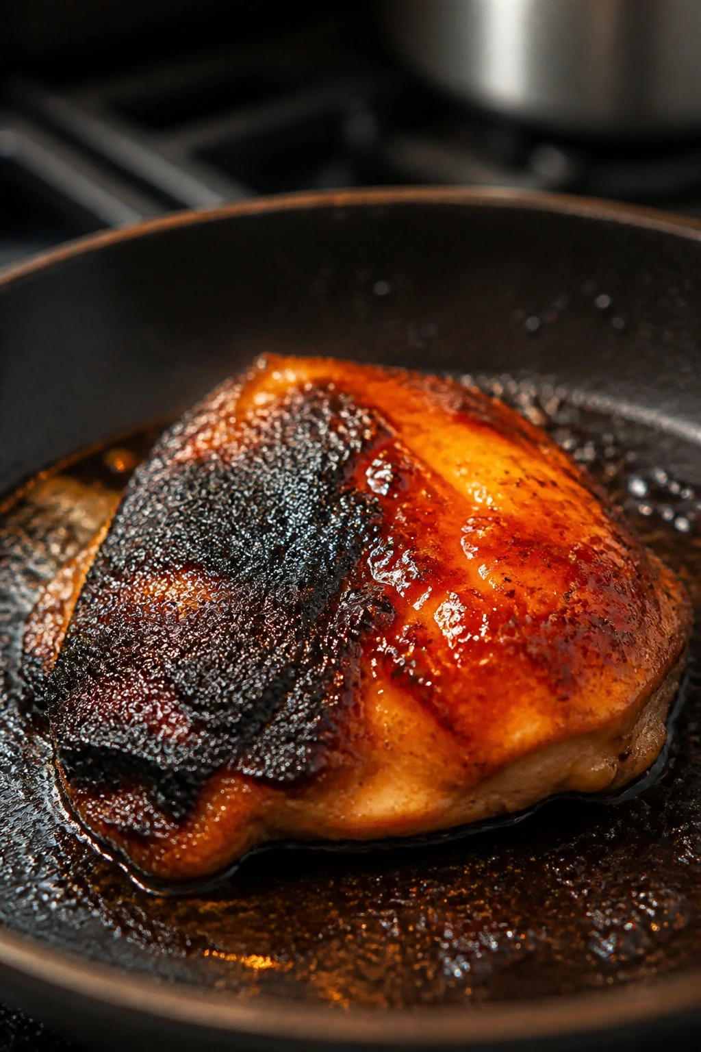 Chicken thigh in skillet showing burnt glaze contrasted with glossy glaze