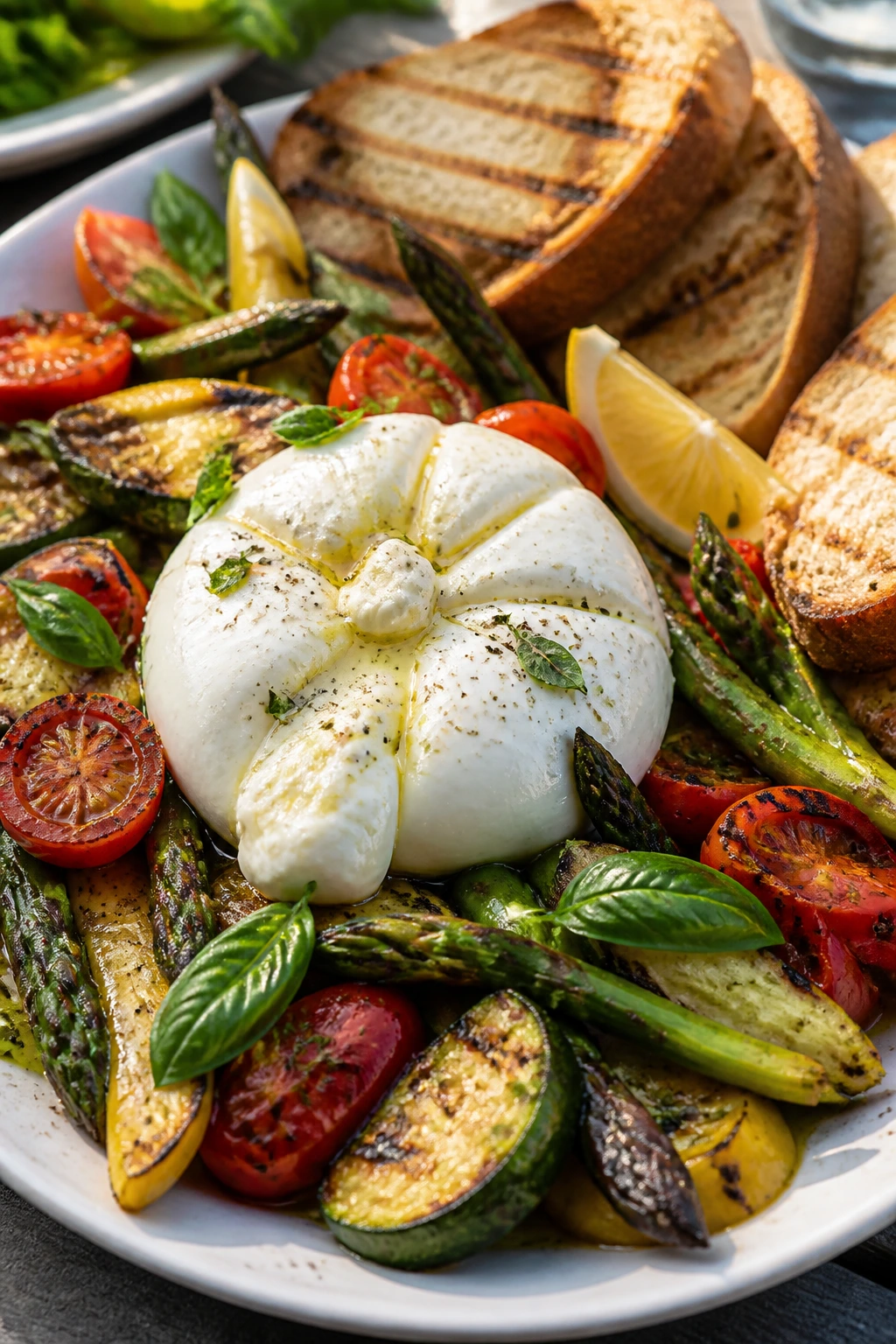 Burrata with charred vegetables and grilled bread on platter