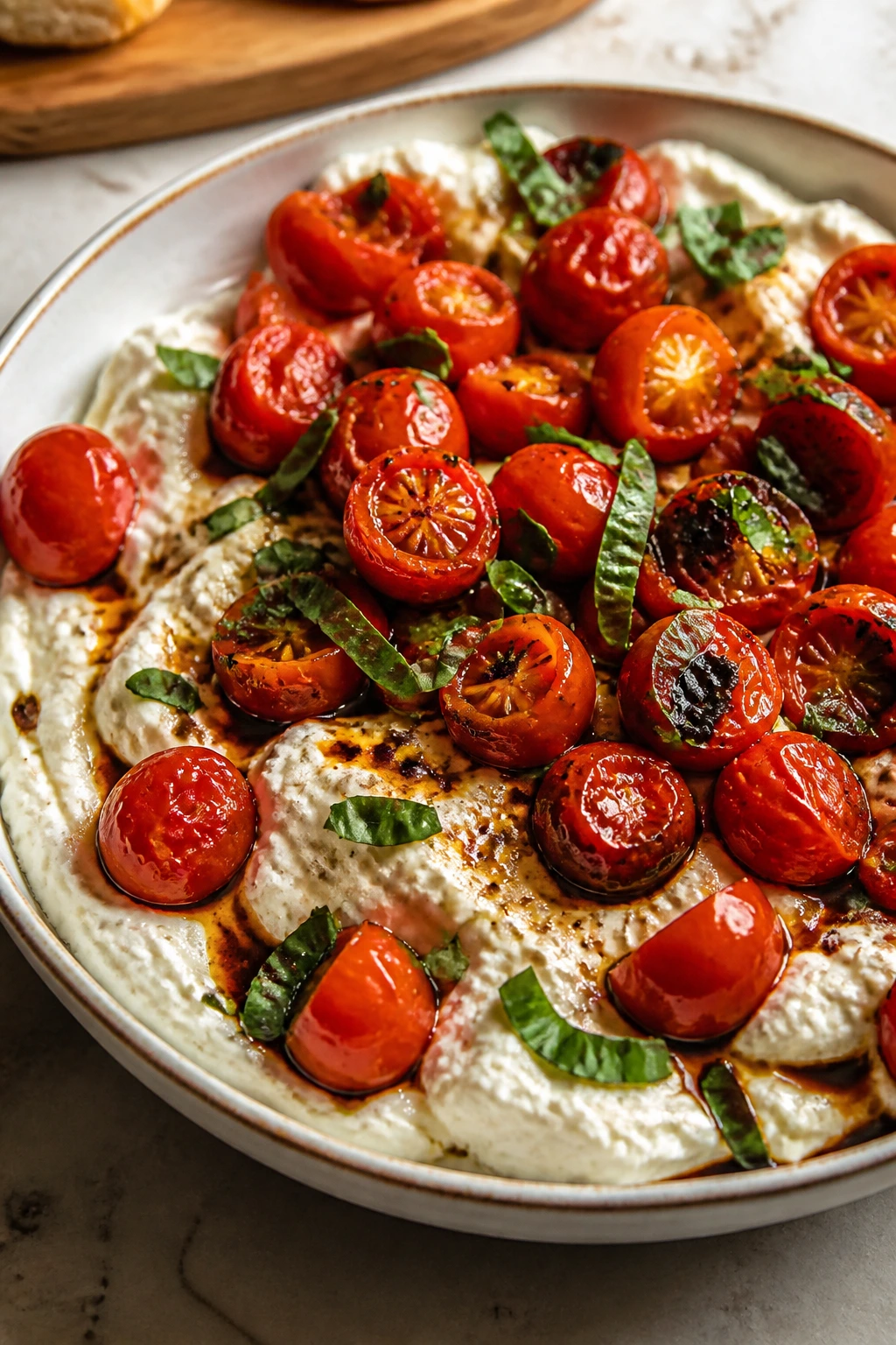 Creamy burrata with roasted cherry tomatoes in a shallow bowl