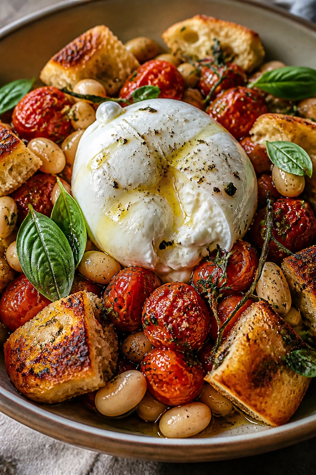 Burrata atop tomatoes and focaccia in a bowl