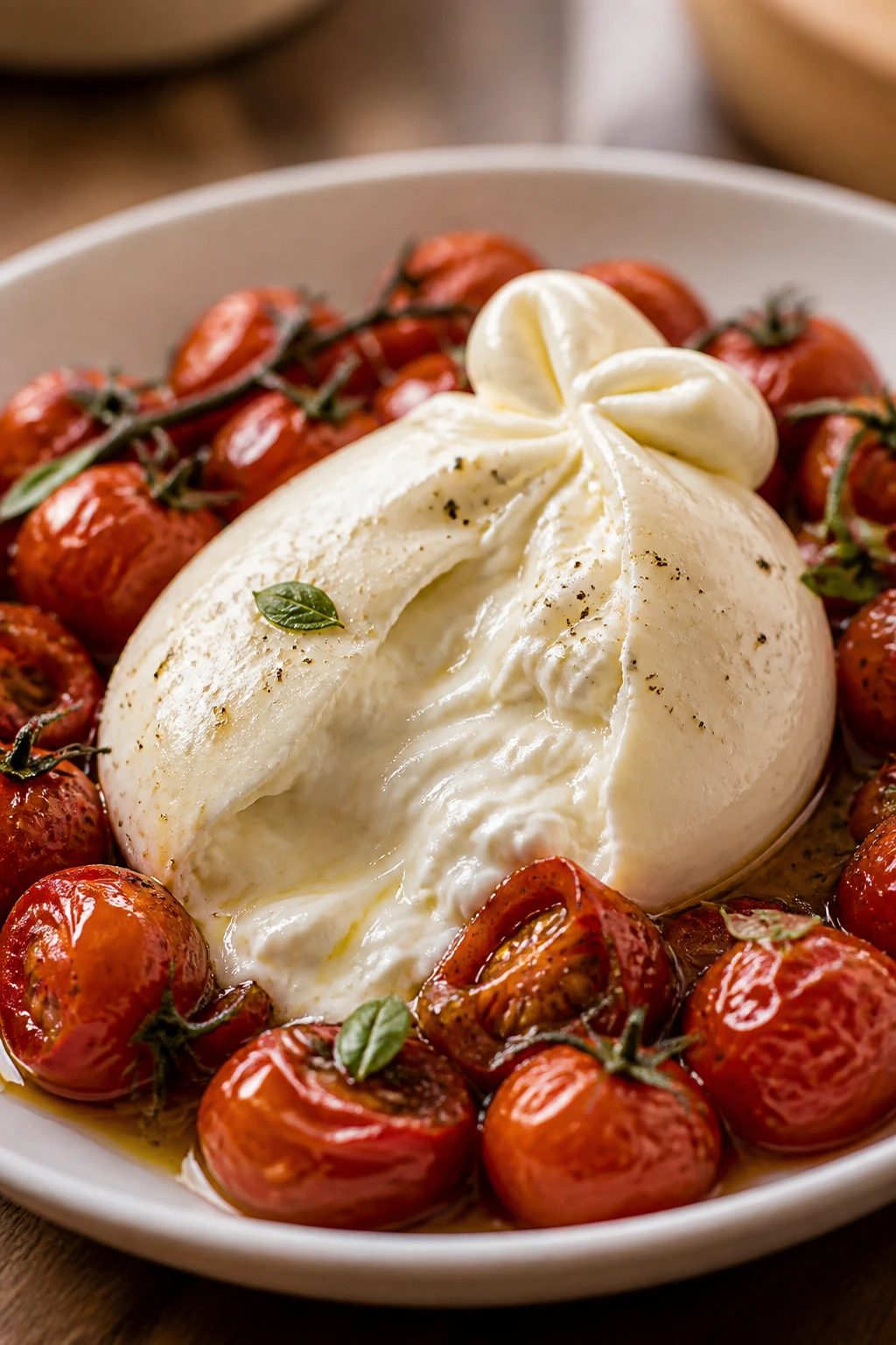 Burrata with roasted cherry tomatoes on plate